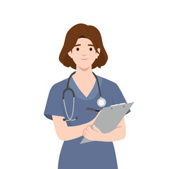 Fototapeta premium Young woman medical worker standing and holding a binder. Flat vector illustration isolated on white background