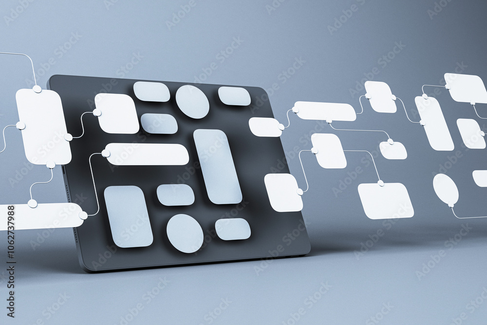 Aufkleber Abstract technology structure with nodes and white elements on a dark background. 3D Rendering