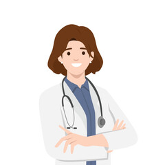 Young woman doctor in white coat standing with arms folded on her chest. Flat vector illustration isolated on white background