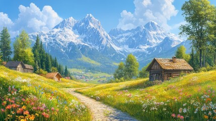 Fototapeta premium Idyllic countryside summer landscape with wooden old houses, beautiful flowers and trees with the Alp mountains in the background, oil painting on canvas