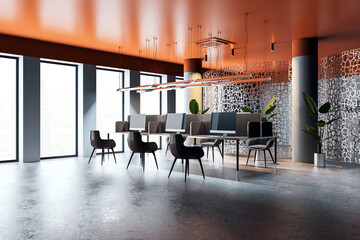 Modern office interior with a sleek design and bright windows. 3D Rendering