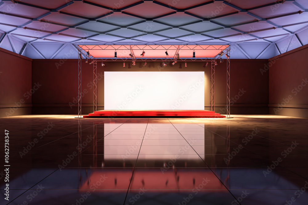 Poster empty exhibition stage with lighting truss in modern hall. 3d rendering