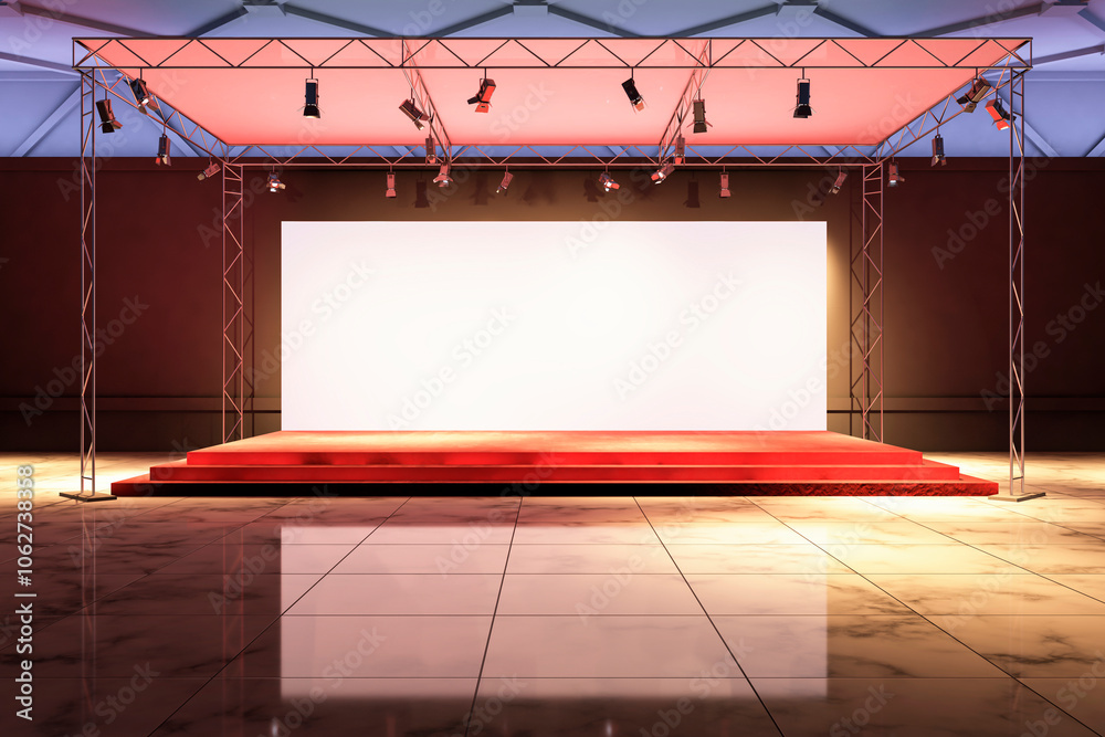 Poster exhibition stage with truss and lighting setup. 3d rendering