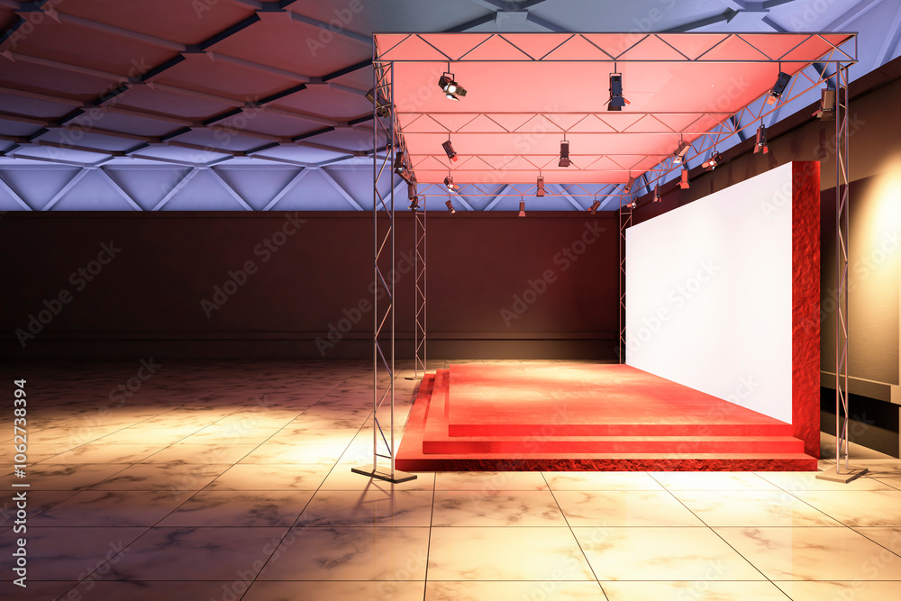 Poster Empty Exhibition Space with Red Stage and Truss Structure. 3D Rendering