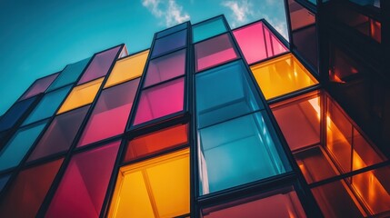 Fototapeta premium Modern building with colorful glass panels at dusk. Generative AI image