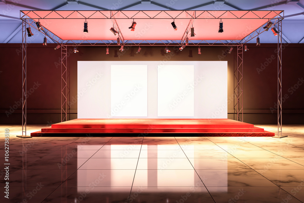Poster exhibition stage with red carpet and lights. 3d rendering