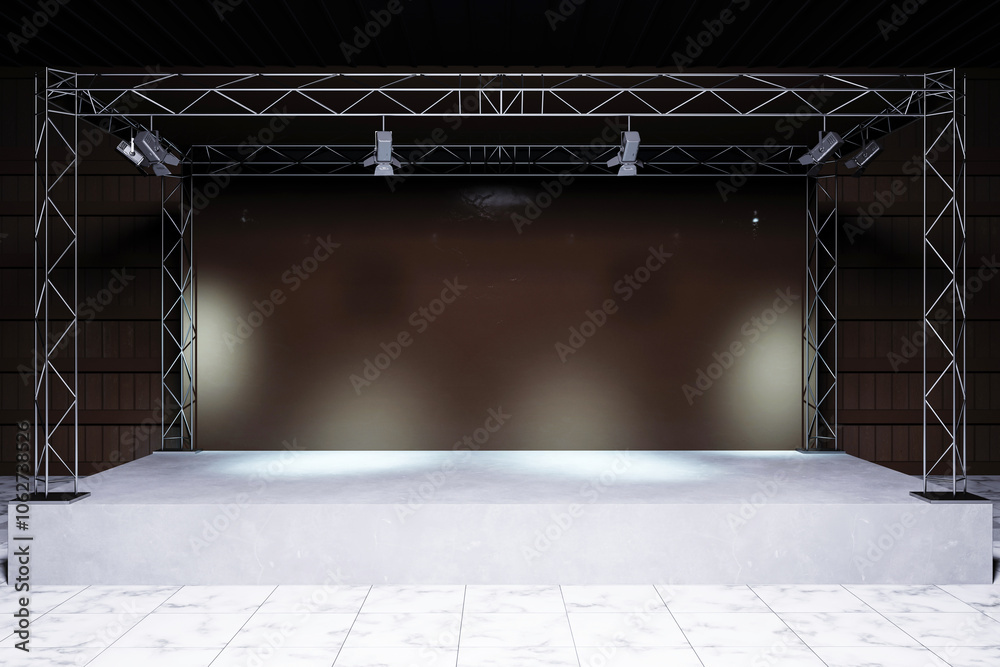 Poster Empty Exhibition Stage with Lighting on Dark Background. 3D Rendering