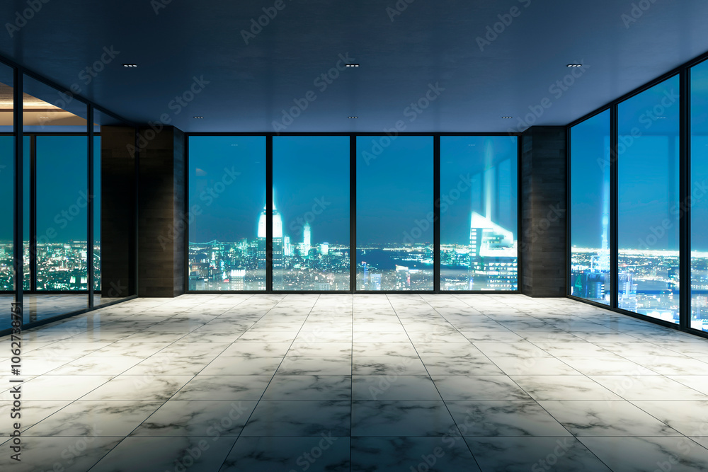 Poster Modern Empty Room with City View at Night. 3D Rendering