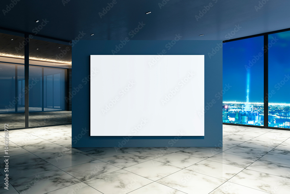 Poster modern interior with blank display in night city view. 3d rendering