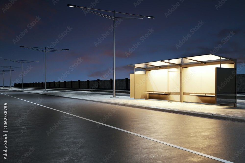 Poster Modern bus stop mockup with illuminated design at dusk. 3D Rendering