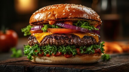 Fast food burger poster, burger design service promotion template. Burger flyer for restaurant menu, cafe, etc. Generative Ai.