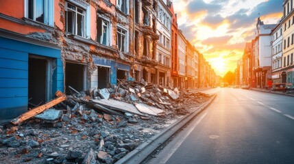 Obraz premium Ruined Buildings and Debris on Empty City Street at Sunset