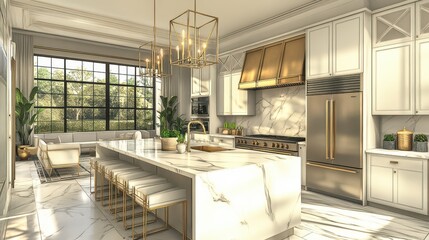 A luxurious kitchen with a large island, gold faucet and sputnik chandelier, stainless steel appliances, and white marble countertops. Created with Generative AI technology.