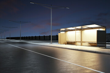 Modern bus stop mockup with illuminated design at dusk. 3D Rendering