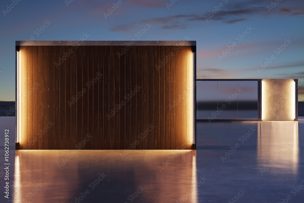 Aufkleber Modern Geometric Structure with Backlit Panels in Evening Light. 3D Rendering