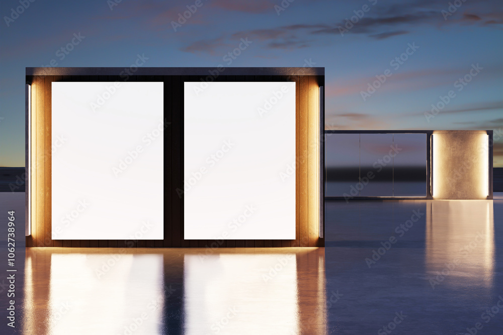 Poster Futuristic Outdoor Display with Neon Backlighting at Dusk. 3D Rendering