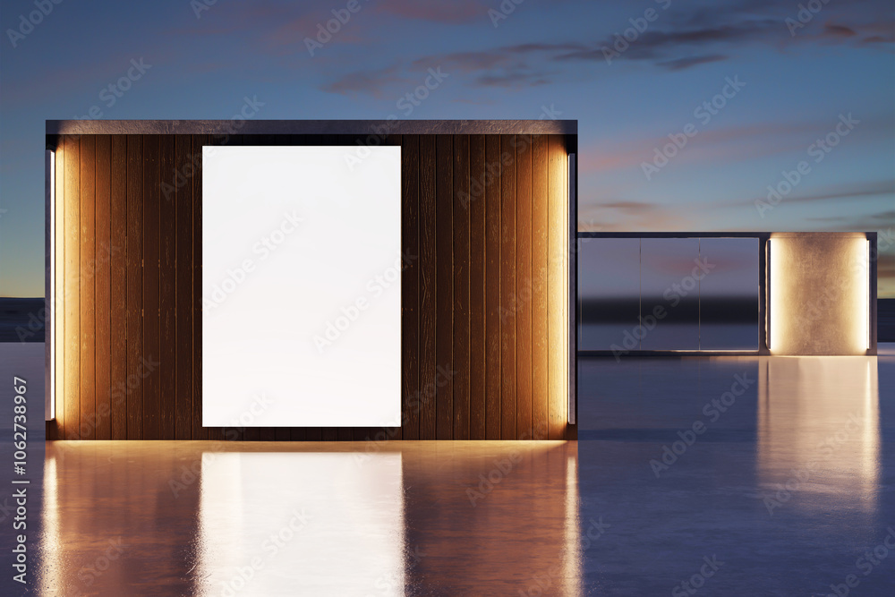 Poster outdoor modern display with wooden frame and sky backdrop. 3d rendering