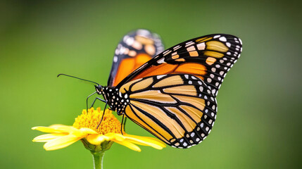 Fototapeta premium close up of butterfly perched on yellow daisy, showcasing vibrant colors and intricate patterns. serene background enhances beauty of nature