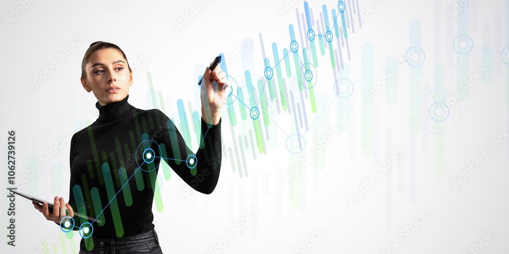 Poster businesswoman analyzing data with digital graphs in the background.