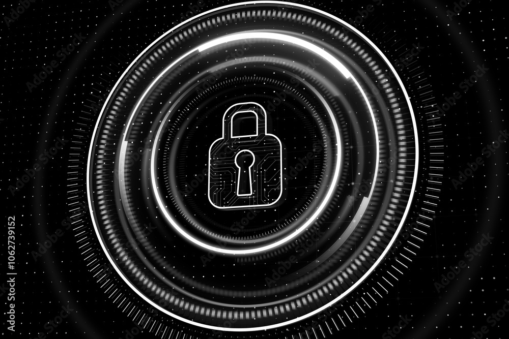 Poster Abstract digital lock concept with circular design and circuitry elements. 3D Rendering