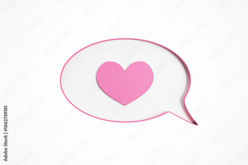 Poster speech bubble with heart symbol in pink color on white background. 3d rendering