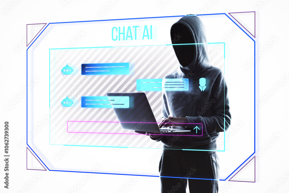 Poster Person using laptop with AI chat interface in a futuristic style.