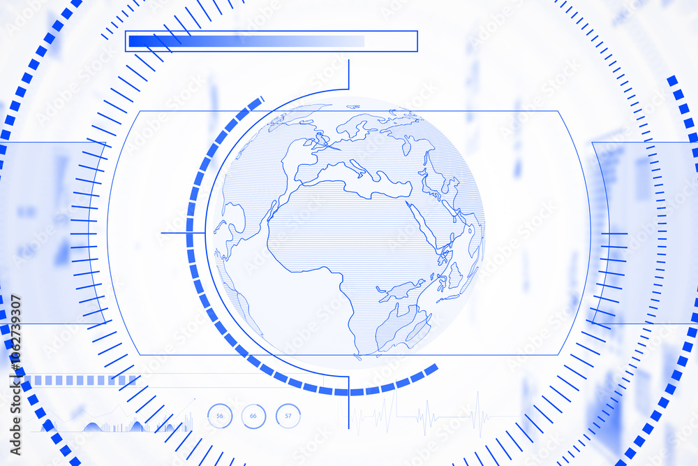 Poster Digital world map with futuristic design elements and blue accents. 3D Rendering