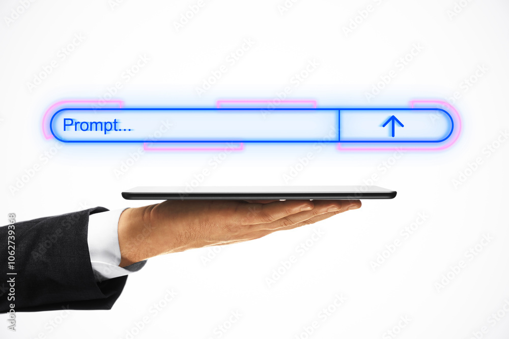 Poster hand holding tablet with digital prompt interface concept.