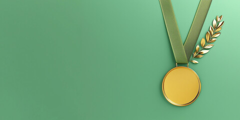 A golden medal with a green ribbon on a soft mint background, symbolizing achievement and success in a subtle and elegant way