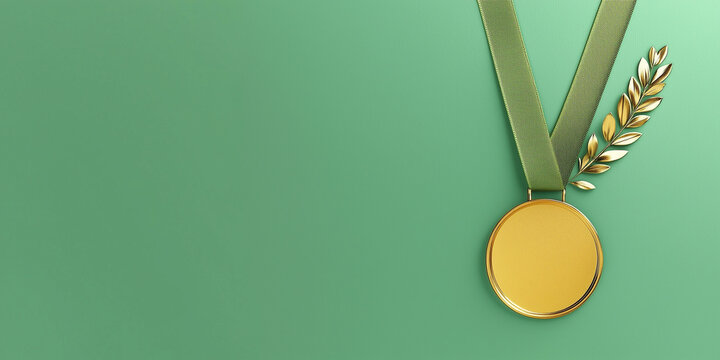A golden medal with a green ribbon on a soft mint background, symbolizing achievement and success in a subtle and elegant way