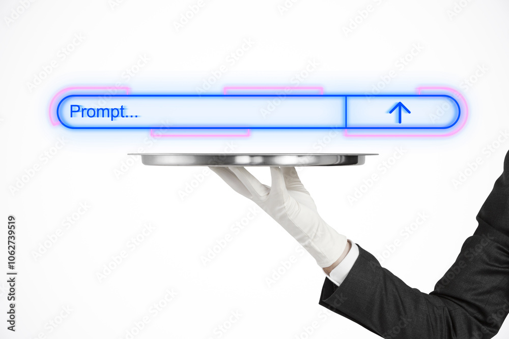 Poster neon prompt interface presented on a silver tray.