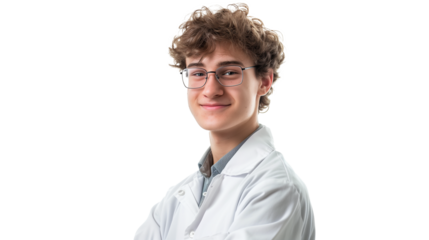 portrait of a young male scientist isolated on transparent background, doctor cut out 