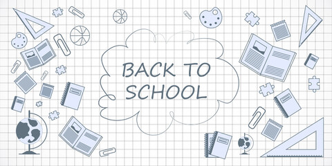 Back to School Illustration with Stationery Items and a Grid Background. 3D Rendering