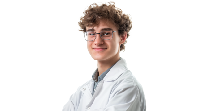 portrait of a young male scientist isolated on transparent background, doctor cut out