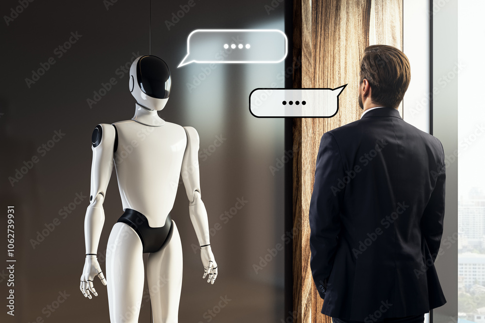 Poster robot and businessman communicating in a futuristic office setting.