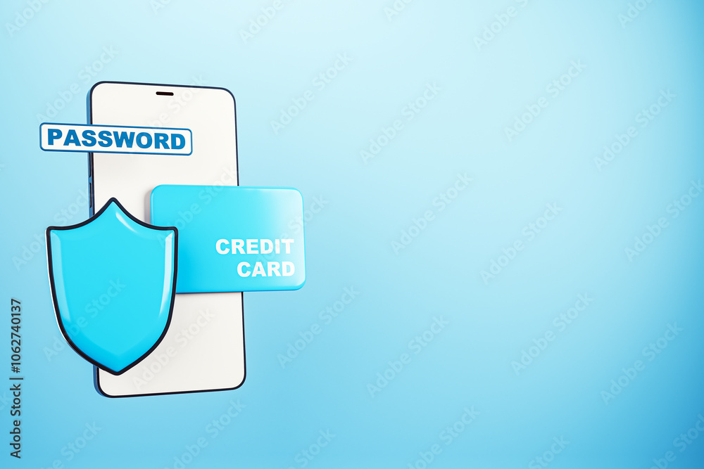 Poster Credit Card and Password Security on Smartphone. 3D Rendering