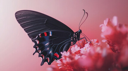 macro shot of butterfly resting on pink flower, showcasing its vibrant wings and delicate features. image captures beauty of nature and intricate details of butterfly