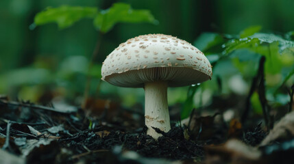 Fototapeta premium Delicate mushroom cap with water droplets, surrounded by lush greenery, showcasing nature beauty and tranquility