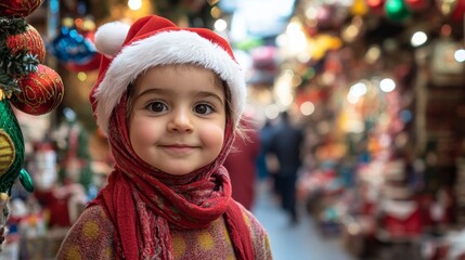 Joyful Turkish Child at Grand Bazaar Amongst Vibrant Holiday Decor Welcoming Santa Claus
