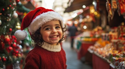 Joyful Lebanese Child at a Traditional Market with Holiday Decor and Santa's Cheerful Greeting