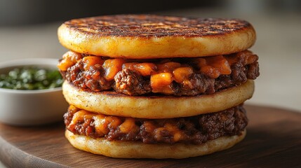 Venezuelan arepa filled with savory ingredients, presented simply against a neutral backdrop, showcasing its delicious appeal