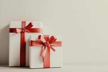 Obraz premium Two White Gift Boxes with Red Ribbon on Isolated Background