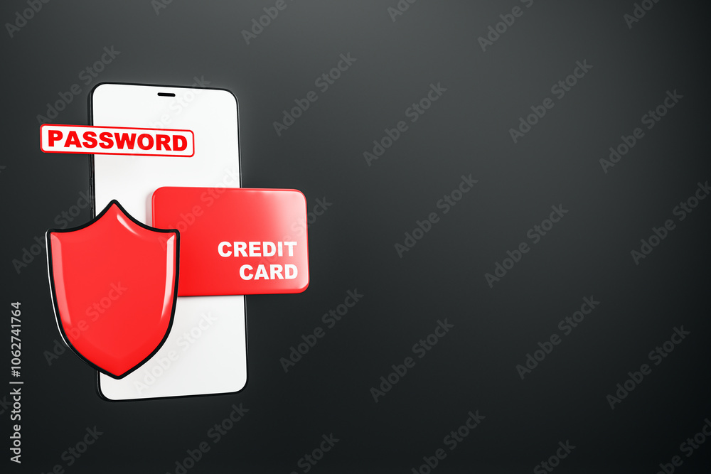 Poster Smartphone with Credit Card and Shield on Black Background. 3D Rendering