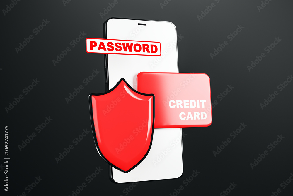 Poster credit card security concept with smartphone and shield. 3d rendering