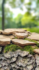 Obraz premium A close-up of rugged tree bark, revealing rough textures, cracks, and ridges coated with patches of green moss. The bark has rich, earthy tones with subtle highlights, showing the natural wear of age 