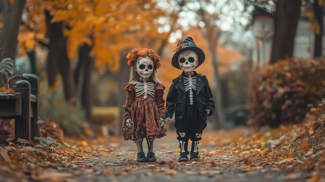 Two children dressed as skeletons in a spooky Halloween setting. Generative AI image