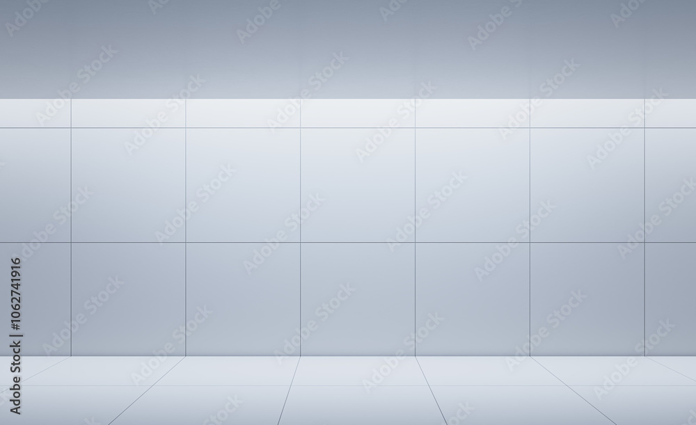 Poster Empty modern room with tiled walls and floor in a clean environment. 3D Rendering