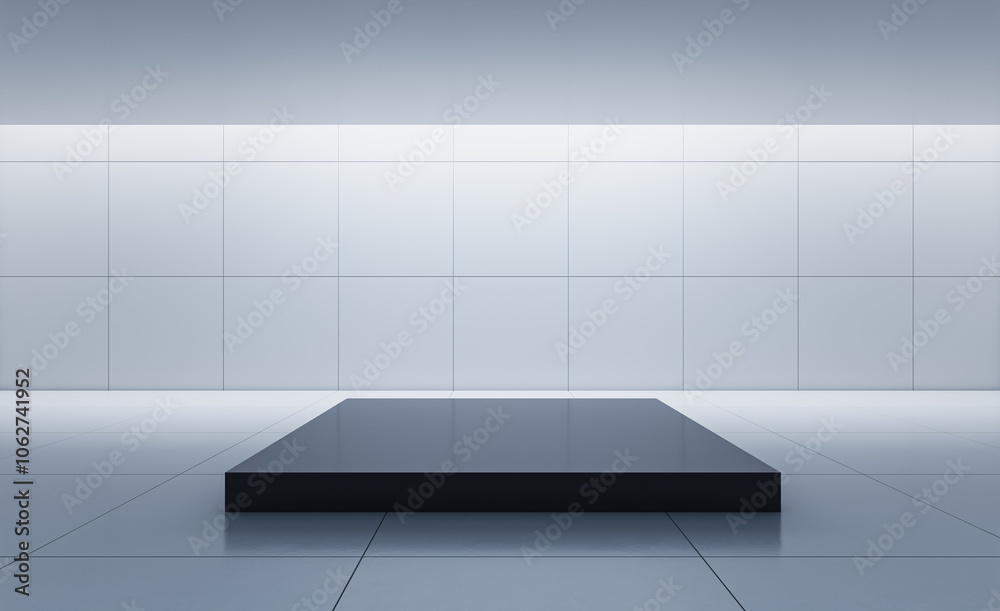 Poster Modern podium in minimalistic light space with tiled walls and floor. 3D Rendering