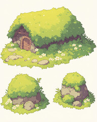 Stone House with Green Roof and Flowers