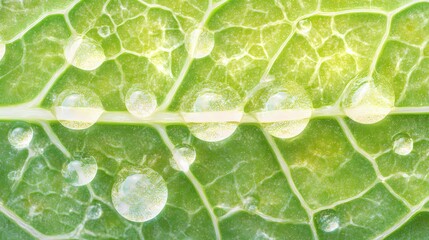 A macro shot of a vibrant green leaf covered in tiny dewdrops, each drop reflecting light like tiny prisms. The intricate network of veins on the leaf is sharply detailed, with textures that appear al